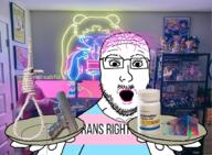 arm eyelashes figurine glasses gun hair hand holding_object holding_plate irl_background monitor mustache neon noose open_mouth pistol poster purple_hair room rope sailor_moon soyjak text tranny variant:platejak // 1840x1350 // 2.6MB