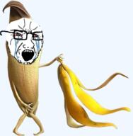 arm banana bloodshot_eyes crying full_body glasses hand holding_object leg open_mouth soyjak stubble variant:soyak // 516x526 // 185.9KB