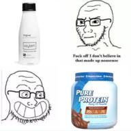2soyjaks bottle calarts closed_mouth concerned glasses milk plastic_bottle protein smile so_true soy soy_milk soyjak soylent soylent_(original) soylent_bottle stubble subvariant:soyak_(irritated) text variant:soyak // 1000x1000 // 574.3KB