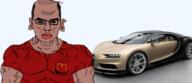 amerimutt angry balding brown_hair brown_skin buff bugatti car closed_mouth clothes ear glasses hair mutt soyjak subvariant:chudjak_front subvariant:muscular_chud united_states variant:chudjak vein // 2134x928 // 880.7KB