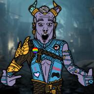 antifa_badge armor blue_shirt controller dragon_age_the_veilguard gay_flag grey_hair horn jewelry pride_pin purple_skin rope taash text trans_heart variant:shirtjak // 1080x1080 // 505.7KB