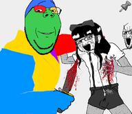 3soyjaks arm blood bow clothes colorful crying ear female glasses hair hand holding_knife holding_object knife leg murder open_mouth push_pin smile soyjak sticky stretched_mouth stubble subvariant:wholesome_soyjak variant:gapejak variant:soyak // 692x598 // 123.7KB