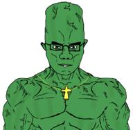 arm bald big_idea_entertainment brown_eyes buff christianity closed_mouth cross cucumber ear glasses green_skin larry_the_cucumber muscular_male smile soyjak subvariant:chudjak_front subvariant:muscular_chud variant:chudjak veggietales // 1095x1074 // 122.2KB