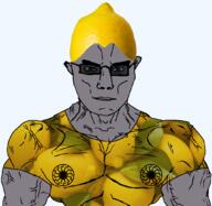 blacksun closed_mouth clothes grey_skin lemon lemon_(user) smile sonnenrad soyjak subvariant:muscular_chud tinted_glasses transparent transparent_background variant:chudjak vein // 1059x1029 // 303.1KB