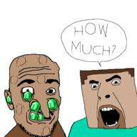 bald brown_skin clothes ear emerald gem gemerald hair jewish_nose looking_at_you minecraft open_mouth speech_bubble steve_(minecraft) stubble teeth text tumor variant:cobson variant:longnose video_game villager_(minecraft) // 1280x1280 // 356.5KB