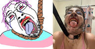ack anhero bloodshot_eyes cosplay crying dead flag glasses hair hanging internet_is_leaking irl makeup mustache open_mouth purple_hair rope soyjak stubble suicide tongue tranny variant:bernd yellow_teeth // 1968x1024 // 375.4KB