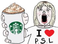 arm bleached_hair clothes coffee female girl holding_object open_mouth psl pumpkin_spice pumpkin_spice_latte soyjak starbucks subvariant:female_a24_slowburn text variant:a24_slowburn_soyjak yellow_hair // 766x583 // 140.8KB
