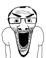 angry balding clothes glasses hair merge open_mouth soyjak stretched_mouth stubble subvariant:el_perro_loco subvariant:science_lover tshirt variant:el_perro_rabioso variant:markiplier_soyjak // 788x1000 // 55.6KB
