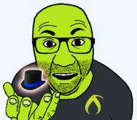 artist:bucephalus_(kiwi_farms) clothes glasses green_skin hand hat holding_object kiwifarms looking_at_you mad_at_the_internet negrate open_mouth perro_hold series:kiwiperros soyjak sticker stubble subvariant top_hat transparent_background tshirt variant:el_perro_rabioso // 820x720 // 61.1KB