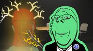 2soyjaks angry badge bloodshot_eyes central_intelligence_agency closed_mouth clothes crying electricity glasses necktie open_mouth smile soyjak stubble subvariant:wholesome_soyjak suit variant:gapejak variant:soyak // 1100x600 // 327.6KB