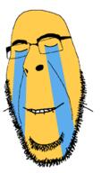 biting_lip calm closed_eyes crying distorted emoticon glasses smile soyjak stubble subvariant:hornyson variant:cobson yellow_skin 😭 // 430x733 // 108.1KB