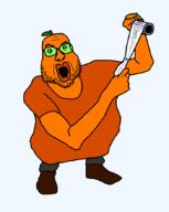 arm board clothes froot full_body glasses hand leaf open_mouth orange orange_(fruit) orange_skin shoe small_eyes stubble text variant:unknown // 700x876 // 22.7KB