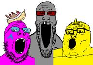 3soyjaks 9a0c admin arch_linux banana_split_ice_cream blue_glasses glasses grey_skin mustard open_mouth pink_skin quote_(user) red_glasses soyjak_trio stubble variant:gapejak variant:markiplier_soyjak variant:tony_soprano_soyjak yellow_skin // 828x581 // 27.2KB