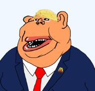 amerimutt blond clothes donald_trump ear fat lips mcdonalds obese orange_skin subvariant:impish_amerimutt subvariant:meximerican suit suit_and_tie united_states variant:impish_soyak_ears // 888x849 // 36.8KB