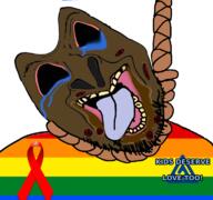 aids bloodshot_eyes boylover_symbol brown_skin brown_troonjak chud_(boorufag) chud_(soybooru) crying dark_skin distorted faggot flag flag:gay_pride_flag gay god_tier_wojack hanging lgbt meta:op_took_a_selfie_of_xerself monkeypox nambla nigger open_mouth pedophile poop ribbon rope shitskin soyjak stubble suicide tongue trend:slopjak variant:bernd yellow_teeth // 768x719 // 403.1KB