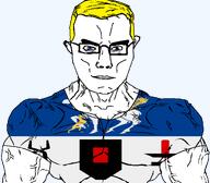 animal arm bird blue_eyes buff closed_mouth clothes country county dog eagle ear elk flag flag:jamtland glasses hair jamtland soyjak subvariant:chudjak_front subvariant:muscular_chud sweden transparent_background trend:aryan tshirt variant:chudjak vein yellow_hair // 1059x929 // 91.3KB