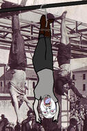 ack arm benito_mussolini bloodshot_eyes building clothes crying fascism full_body glasses hand hanging hat irl_background italy leg mustache open_mouth soyjak stubble tongue tshirt upside_down variant:bernd yellow_teeth // 300x454 // 146.3KB
