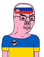 antifa arm clothes country flag glasses pig pink_skin rent_free russia soyjak ukraine variant:chudjak // 796x1018 // 33.8KB