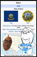 arm closed_mouth flag flag:idaho food gem glasses hand holding_gem holding_object idaho looking_at_you map objectsoy potato smile stubble subvariant:wholesome_soyjak text united_states variant:chudjak variant:gapejak vegetable wikipedia // 491x761 // 191.3KB