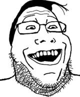 glasses hair open_mouth smile soyjak stubble variant:markiplier_soyjak2 // 645x773 // 12.1KB