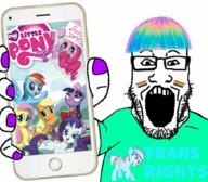 arm clothes colorful_hair flag glasses hair hand holding_object holding_phone iphone lgbt my_little_pony open_mouth painted_nails phone soyjak stubble subvariant:phoneplier subvariant:phoneplier_vertical tranny tshirt variant:markiplier_soyjak // 1029x900 // 866.3KB