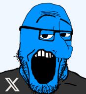 blue_skin glasses grey_shirt merge open_mouth raised_eyebrow soyjak stubble twitter variant:markiplier_soyjak variant:smugjak x // 1200x1319 // 39.5KB
