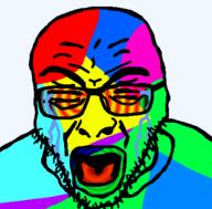 closed_eyes colorful crayola crying glasses open_mouth soyjak stubble variant:rupturejak // 423x416 // 26.5KB