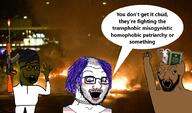 3soyjaks ak-47 arab arm balding beard brainless brown_skin choker clothes crazed excited fist flag froot glasses goat gun hair hand hands_up irl_background islam makeup open_mouth purple_hair quran rifle riot speech_bubble stubble subvariant:crazed_troonjak subvariant:soyak_(crazed) terrorist text tranny transgender_flag turban variant:excited_soyjak variant:soyak weapon yellow_sclera yellow_teeth // 998x586 // 646.3KB