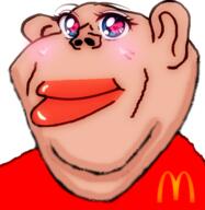 amerimutt anime blush brown_skin closed_mouth ear kawaii lips mcdonalds red_shirt smile stubble subvariant:impish_amerimutt ugly variant:impish_soyak_ears // 499x512 // 185.8KB