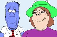 2soyjaks blue_skin brown_hair calm closed_mouth clothes dilbert froge glasses hair hat necktie smile soyjak stubble subvariant:gapejak_female subvariant:science_lover variant:gapejak variant:markiplier_soyjak white_skin // 1514x992 // 123.5KB
