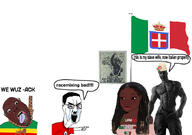angry arm black_skin bloodshot_eyes bwc clothes country crying ethiopia flag gigachad glasses hair hand history italian_east_africa italy mustache nazism negro open_mouth pointing soyjak speech_bubble stubble suicide swastika text tongue tshirt variant:bernd variant:chudjak wojak yellow_teeth // 871x613 // 228.4KB