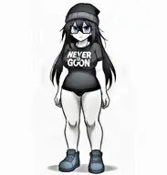 blue_eyes clothes dark_hair glasses hat looking_at_you meta:ai_generated never_goon shoe text variant:soytan // 992x1040 // 130.2KB