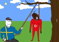 2soyjaks belt blood bloodshot_eyes cap clothes cockroach country crying flag flag:sweden flag:turkiye full_body glasses hanging hat holding_object holding_rope lynching neovagina open_mouth outside rope soyjak stubble subvariant:wholesome_soyjak sweden sweden_yes tongue tree turkiye variant:bernd variant:gapejak yellow_teeth // 2100x1500 // 178.5KB