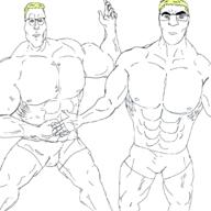 2soyjaks arm blue_eyes buff glasses leg muscular_male stubble underpants variant:cobbert variant:godjak white_background yellow_hair // 1080x1080 // 141.5KB