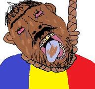 brown_skin clothes dead ear flag hair hanging monkey mustache open_mouth poop redraw romania rope soyjak stubble suicide tongue unibrow variant:bernd // 232x217 // 25.7KB