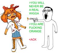 ack angry arm arrow assassination blue_eyes bow clothes dead dress full_body glasses greentext gun hair headshot leg naked necktie open_mouth orange_hair orange_skin orange_tie redtext screaming small_penis twp uzi variant:chudjak white_shirt // 1948x1783 // 142.8KB