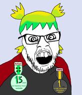 4chan 4cuck anime badge blond dyed_hair glasses green_hair hair nate newfag oldfag open_mouth soyjak_party variant:feraljak white_skin yellow_hair yotsoyba // 1400x1630 // 578.9KB