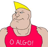 blond blue_eyes chad chad_thundercock closed_mouth muscles muscular_male o_algo pink_shirt smile spanish_text subvariant:mexiaryan variant:meximutt virgin_vs_chad white_skin yellow_hair // 886x872 // 150.6KB