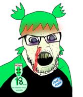 4chan acne anime blood blue_eyes clothes crazed glasses green_hair hair incel oldfag soyjak stubble text tshirt variant:feraljak white_skin yellow_teeth yotsoyba // 1400x1630 // 1.1MB