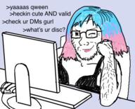arm body_hair bra chair closed_mouth clothes colorful_hair computer glasses hair hairy hand makeup screen smile smug soyjak stubble table text tranny variant:soyak wink // 450x361 // 192.7KB