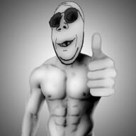 arm buff deformed glasses hand smile soyjak stubble subvariant:emmanuel subvariant:wholesome_soyjak sunglasses thumbs_up variant:gapejak // 2000x1988 // 97.7KB
