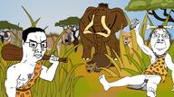animal arm art bone caveman chud club_(weapon) drawn_background ear frown full_body fur giant_sloth glasses glyptodon hair hairy holding_object ice_age macrauchenia mammoth multiple_soyjaks muscles open_mouth penis piercing plant prehistoric sabertooth_tiger savannah series:animaljaks shell sitting smile soyjak stone stubble tail tree variant:bernd variant:chudjak variant:cobson variant:feraljak variant:gapejak variant:impish_soyak_ears variant:soyak weapon // 1920x1080 // 258.5KB