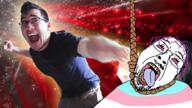arm bloodshot_eyes clothes crying fist flag glasses hand hanging irl markiplier mustache open_mouth punch purple_hair rope soyjak stubble suicide text tongue tranny tshirt variant:bernd white_skin // 1920x1080 // 2.2MB