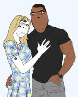 bbc black_skin blond blue_eyes blush brown_eyes buff closed_mouth clothes dress eyelashes female flowers glasses grey_pants grey_tshirt hair lipstick long_hair male queen_of_spades smile soyjak stubble subvariant:hornyson trad_wife transparent transparent_background trend:aryan user=quoog variant:cobson vein watch wojak yellow_hair // 707x884 // 403.1KB