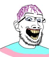 ear glasses hair makeup mustache open_mouth purple_hair soyjak stubble tranny variant:lemmuel yellow_teeth // 602x700 // 35.9KB