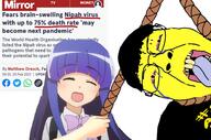 anime asian bloodshot_eyes buck_teeth clothes crying furude_rika glasses hair hanging higurashi news nipah open_mouth rope small_eyes soyjak text tongue variant:bernd yellow_skin yellow_teeth // 1886x1251 // 835.8KB