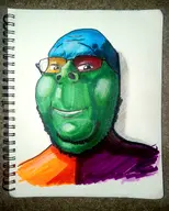 art beard color drawing forehead_lines glasses irl lips looking_at_you meta:trendy_tuesday nose notebook shading shadow smile stubble subvariant:wholesome_soyjak trend:colorjak variant:gapejak // 3072x3840 // 3.1MB