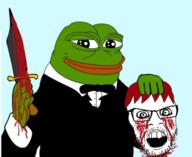 arm blood bowtie clothes crazed frog glasses gore hair hand holding_knife holding_object holding_severed_head knife mustache open_mouth pepe red_hair severed_head soyjak stubble tuxedo variant:feraljak // 512x418 // 138.6KB