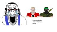 3soyjaks angry christianity closed_mouth clothes flag flag:nazi_germany glasses hair hamas holocaust islam israel jewish_nose jews muhammad nazi_germany nazism soyjak stubble subvariant:muscular_chud swastika text variant:chudjak variant:el_perro_rabioso // 1292x745 // 295.9KB