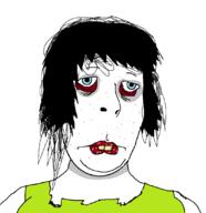 blue_eyes buck_teeth chapped_lips drug_addicted female femjak green_shirt homeless messy_hair subvariant:female_cobson unemployed variant:cobson // 1062x1094 // 43.4KB